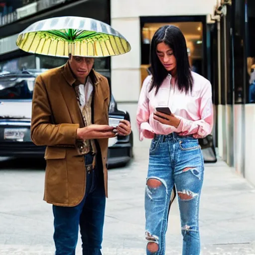 Image similar to modern day cleopatra sitting at starbucks using a phone. modern day julius caesar standing next to her with an umbrella at hand. hyper realistic.