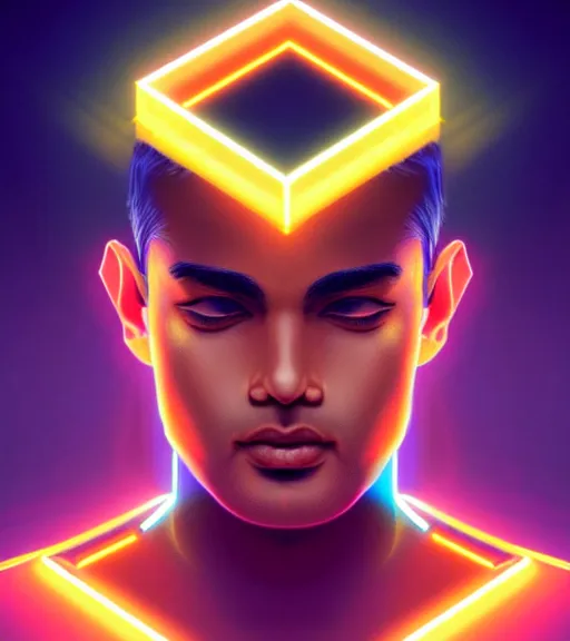 Image similar to symmetry!! indian prince of technology, solid cube of light, hard edges, product render retro - futuristic poster scifi, lasers and neon circuits, brown skin handsome indian prince, intricate, elegant, highly detailed, digital painting, artstation, concept art, smooth, sharp focus, illustration, dreamlike, art by artgerm