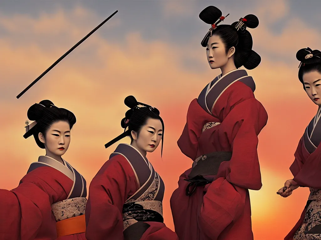 Prompt: one samurai and one geisha stand opposite each other against the backdrop of the setting sun, between them is a spear, japanese style, oilpainting, ultra - realism, artstation, wow it is beautiful, sharp focus, ultra detailed, 8 k, dramatic, octan render