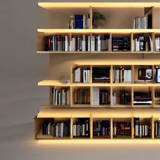 Image similar to wooden bookshelves with led strip lights, homes and gardens, super detailed render,