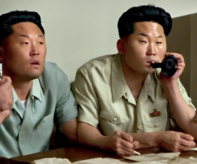 Image similar to hyperralism pineapple express movie still photography of real detailed north korean kim chen with detailed face smoking detailed weed and reviewing wead bush in detailed basement bedroom ultra violet light