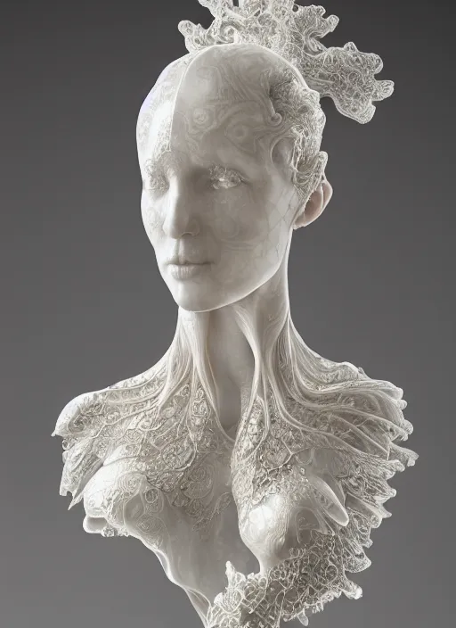 Image similar to opalescent marble sculpture of beautiful woman, glistening, mandelbulb, hypercube, ivory carving, fractal paisley inlay, lace, intricate, elegant, highly detailed, ivory, artgerm, lace, by ruan jia and greg rutkowski