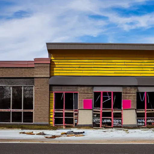 Prompt: a professional photograph of the exterior of an abandoned Blockbuster store, hd