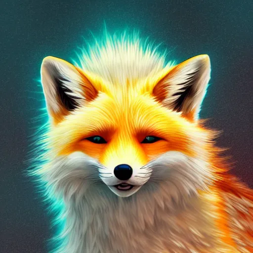 Prompt: digital yellow and white fox, retrowave palette, digital world, highly detailed, electric breeze, anatomically correct vulpine, synth feel, fluffy face, ear floof, flowing fur, super realism, accurate animal imagery, 4 k digital art