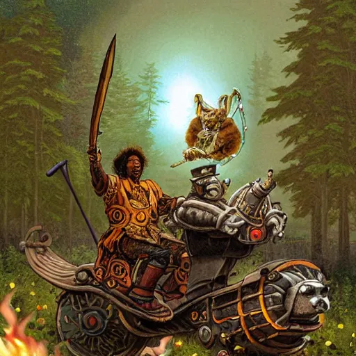 Image similar to jimi hendrix as a viking riding a mechanical robot bear through the russian forest by keith thompson