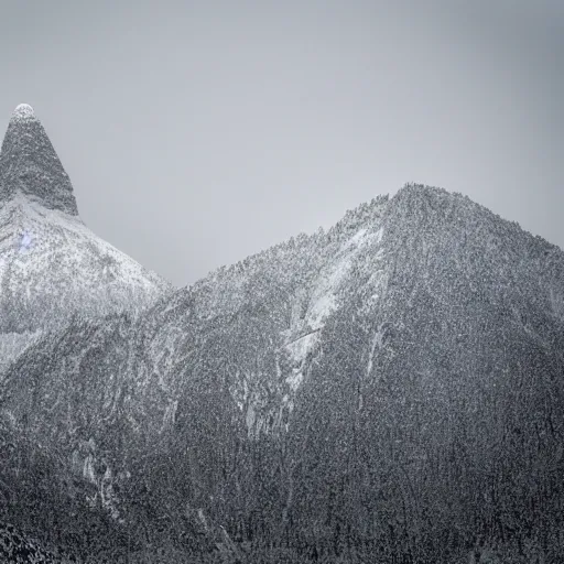 Prompt: a monolithic obelisk temple next to a snowcapped mountain. snowing, overcast sky, grainy.