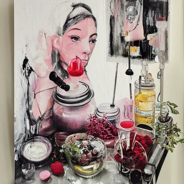 Prompt: “ a portrait in a female art student ’ s apartment, sensual, a pig theme, syringe, anaesthetic, art supplies, surgical iv drip, octopus, ikebana, herbs, a candle dripping white wax, squashed berries, berry juice drips, acrylic and spray paint and oilstick on canvas, surrealism, neoexpressionism ”