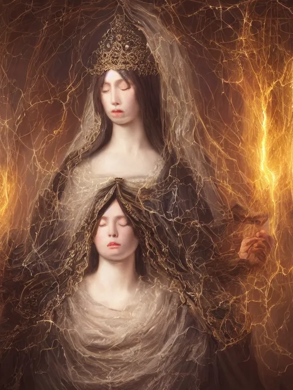 Image similar to a complex concept art ultra detailed of two baroque catholic veiled perfect female face android queens kneel and pray with lots of electric cable behind them connected to giant computer,bowknot, fine lace, GUCCI, sparkling, jewel embellishment, film lighting, by Andrei Riabovitchev,Stanely Artgerm, Tom Bagshaw, Andrei Riabovitchev, aaron horkey, trending on pinterest, full of color, mythological, high detailed,golden ratio,cinematic lighting