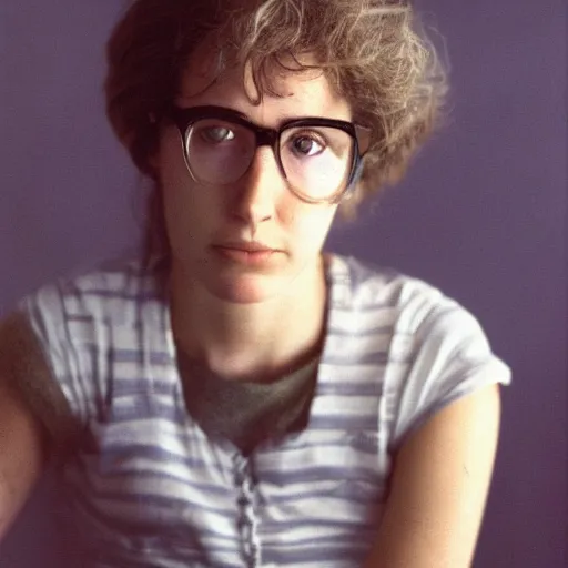 Image similar to a portrait photo of 20 year old female Larry David, with a sad expression, looking forward