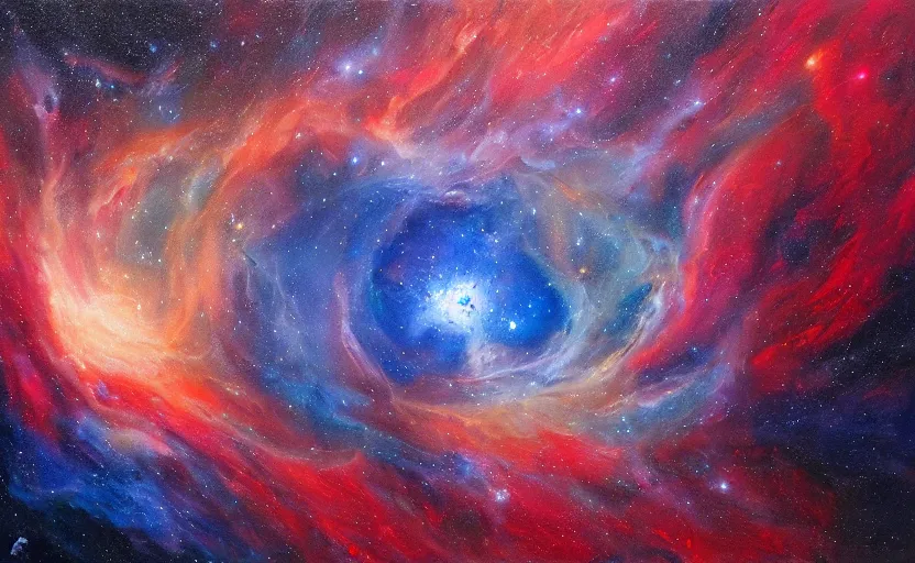 Image similar to an oil painting of a beautiful space nebula, red and blue; hyper-detailed; an extraordinary masterpiece!!!; flawless; trending on artstation