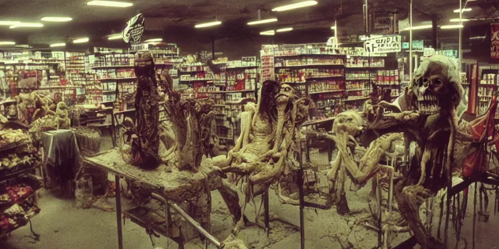 Image similar to studio happy creepy mud people inside a supermarket by bob bottin and cronenberg, horror grotesque, realistic detailed photography, filth and grim, colorized 1 9 9 0's