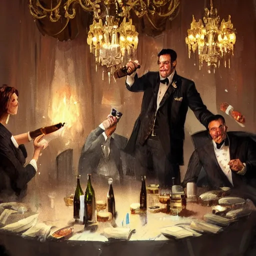 Prompt: a happy mafia family celebrating, person smoke cigar, person holding gun, champagne on the table, a big chandelier hanging from roof by greg rutkowski and thomas kinkade, trending on artstation