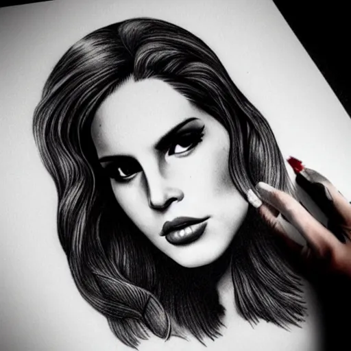 Image similar to Lana del rey tattoo design, photorealistic, dramatic