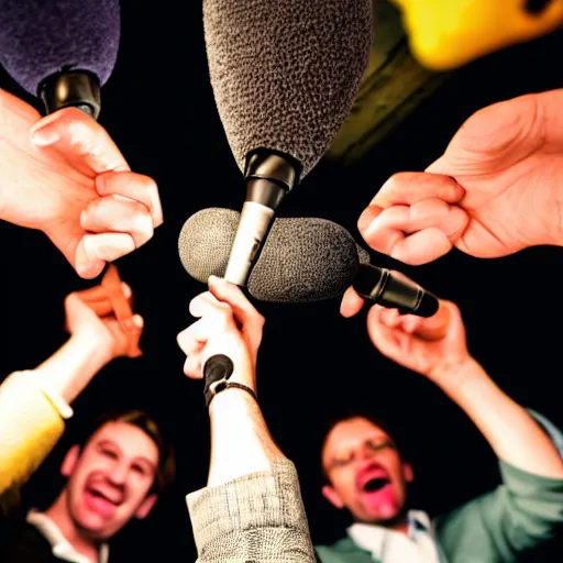 Prompt: 5 ducks pointing microphones at each other in a british pub as a photo