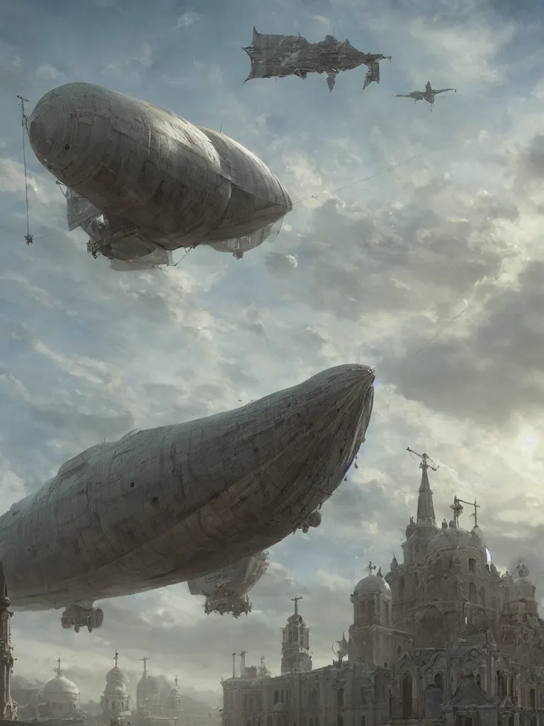 Image similar to a large dieselpunk airship is standing in the air over a splendid white church in russia, full morning sun, matte painting by greg rutkowski, craig mullins, ilya repin