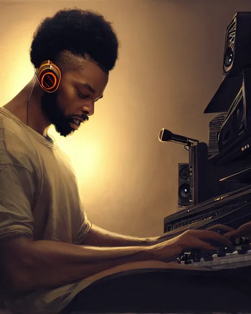 Prompt: light skin black man with headphones at his home studio producing music late at night, very detailed, 4 k, concept art like ernest khalimov, intricate details, highly detailed by greg rutkowski, ilya kuvshinov, gaston bussiere, craig mullins, simon bisley