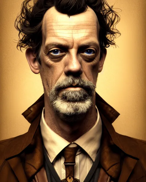 Image similar to steampunk portrait of hugh laurie, au naturel, hyper detailed, digital art, trending in artstation, cinematic lighting, studio quality, smooth render, unreal engine 5 rendered, octane rendered, art style by klimt and nixeu and ian sprigger and wlop and krenz cushart.