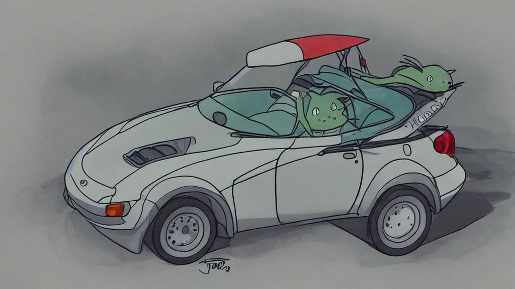 Prompt: 1 9 9 0 mazda miata in the style of my neighbor totoro, anime, detailed lines