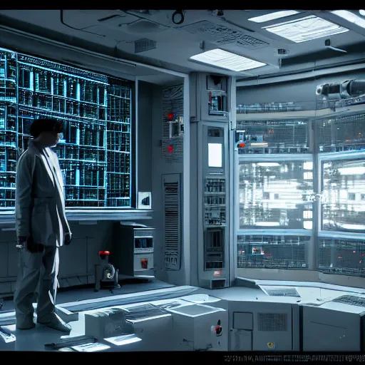 Image similar to hyperrealism detailed photography scene from stanley kubrick movie of highly detailed stylish system administrator from 2 0 7 7's as cyberpunk droid in josan gonzalez, gragory crewdson and katsuhiro otomo, mike winkelmann style with many details working at the detailed data center by laurie greasley hyperrealism photo on dsmc 3 system volumetric epic light rendered in blender