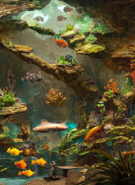 Image similar to people observing lots of beautiful fish in an underground aquarium corridor, in the style of andreas hoher, fantasy art, ray tracing, water droplets, highly detailed, artstation trend, highly detailed and intricate, sharp focus, photography, unreal engine 5