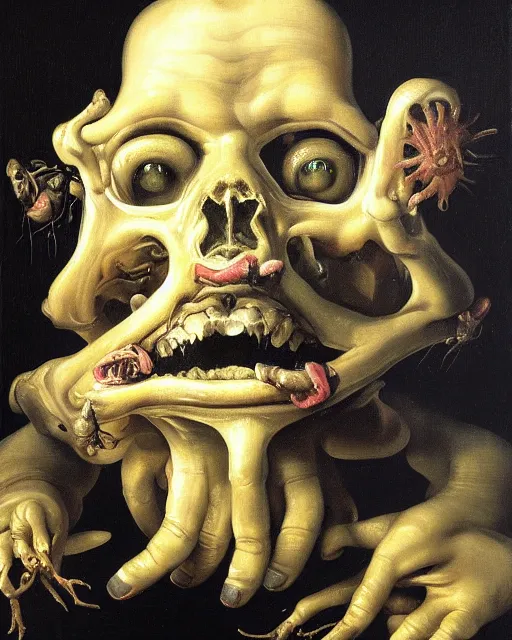 Image similar to refined gorgeous blended oil painting with black background by christian rex van minnen rachel ruysch dali todd schorr of a chiaroscuro portrait of an extremely bizarre disturbing mutated man with shiny skin acne dutch golden age vanitas intense chiaroscuro cast shadows obscuring features dramatic lighting perfect composition masterpiece