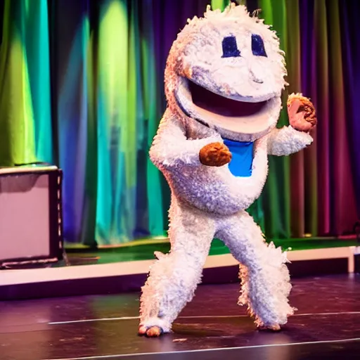 Image similar to anthropomorphic coconut walking on stage,