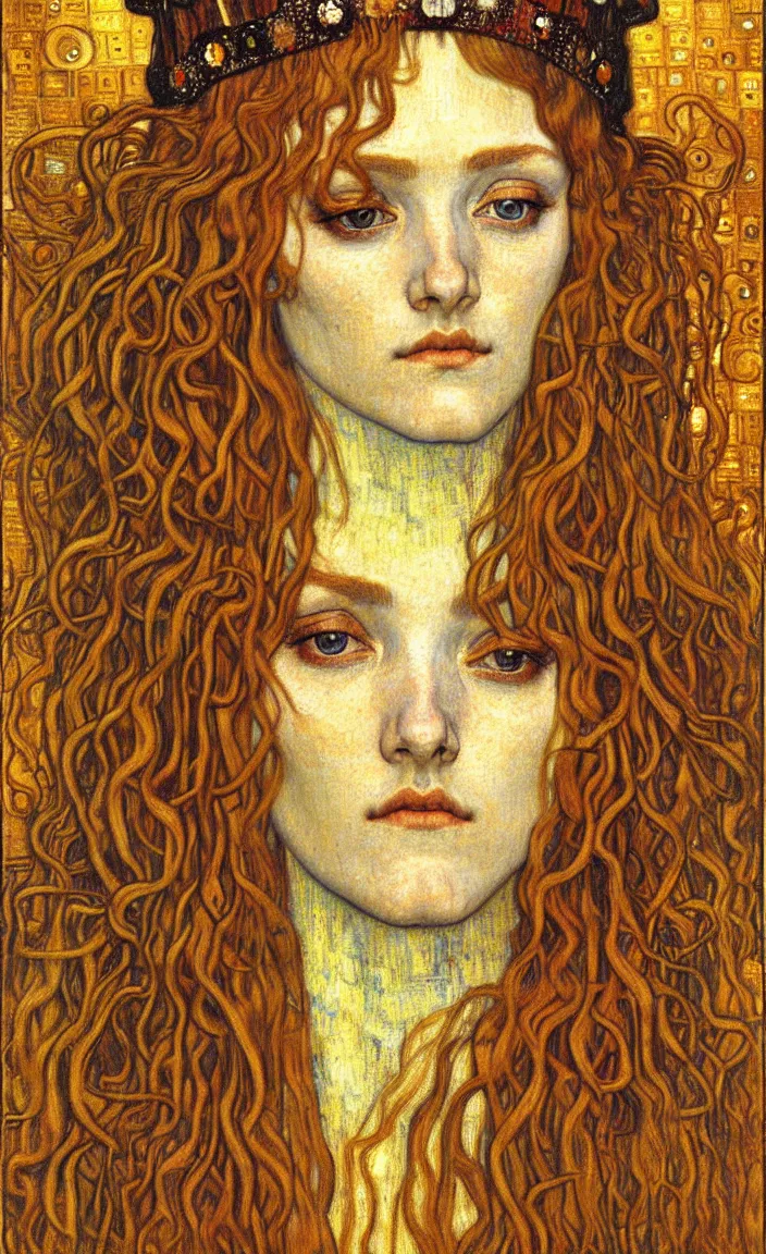 Image similar to detailed realistic beautiful young medieval queen face portrait by jean delville, gustav klimt and vincent van gogh, art nouveau, symbolist, visionary, gothic, pre - raphaelite, muted earthy colors, desaturated