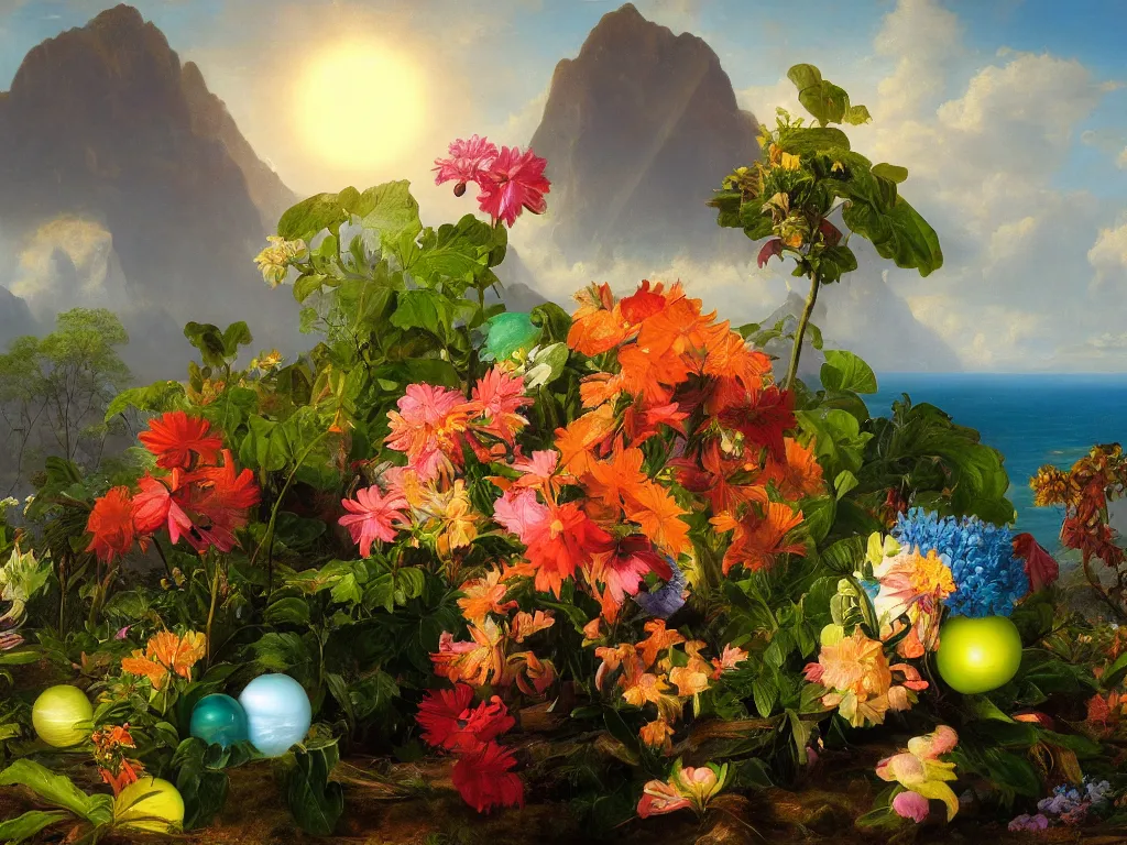 Image similar to kauai springtime orbs, sunlight study, by jan davidsz de heem!! and ( ( ( ( ( lisa frank ) ) ) ) ) and frederic edwin church, oil - painting, 3 d render, art nouveau, 8 k, extreme detail, sharp focus, octane render