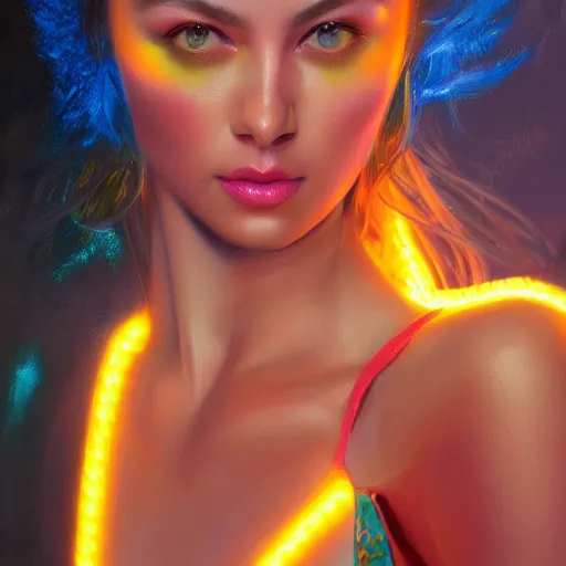 Image similar to beautiful professional model in a dream neon suit, detailed, centered, digital painting, artstation, concept art, donato giancola, joseph christian leyendecker, wlop, boris vallejo, breathtaking, 8 k resolution, extremely detailed, beautiful, establishing shot, artistic, hyperrealistic, beautiful face, octane render, cinematic lighting, dramatic lighting, masterpiece