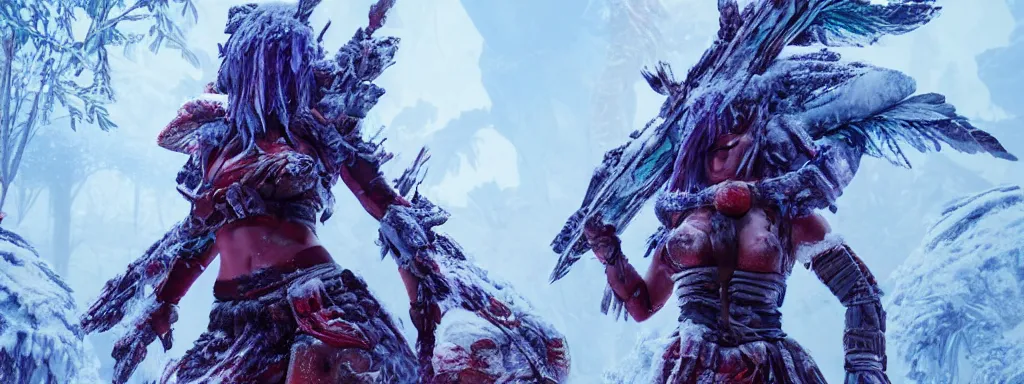 Prompt: frosty warrior woman with a body of ice, walking in a dense alien snow covered frosty jungle, with snow covered colourful red, blue and purple plants, large vines, snow covered arched organic rock structures, in the style of monster hunter world, like concept art on artstation, hyperdetailed, vray render, octane render,