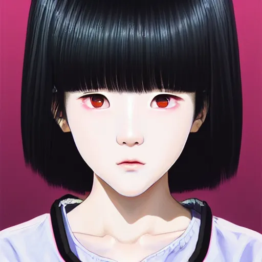 Image similar to beautiful pure evil teenager korean lain, cute but erratic haircut, with hundreds of network cables, neatly coming out of her head, a part of her face panel is showing, she is in pure bliss, chaos, bizarre, strange, portrait, painting, beautiful, detailed symmetrical close up portrait, intricate complexity, in the style ilya kuvshinov