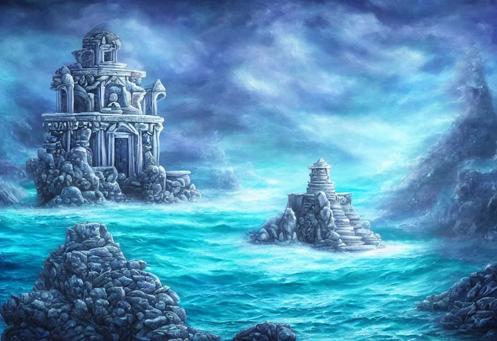 Prompt: ocean temple made out of crystalline blue stone, fantasy, mystical, ocean, 3 d, painting, ocean, water