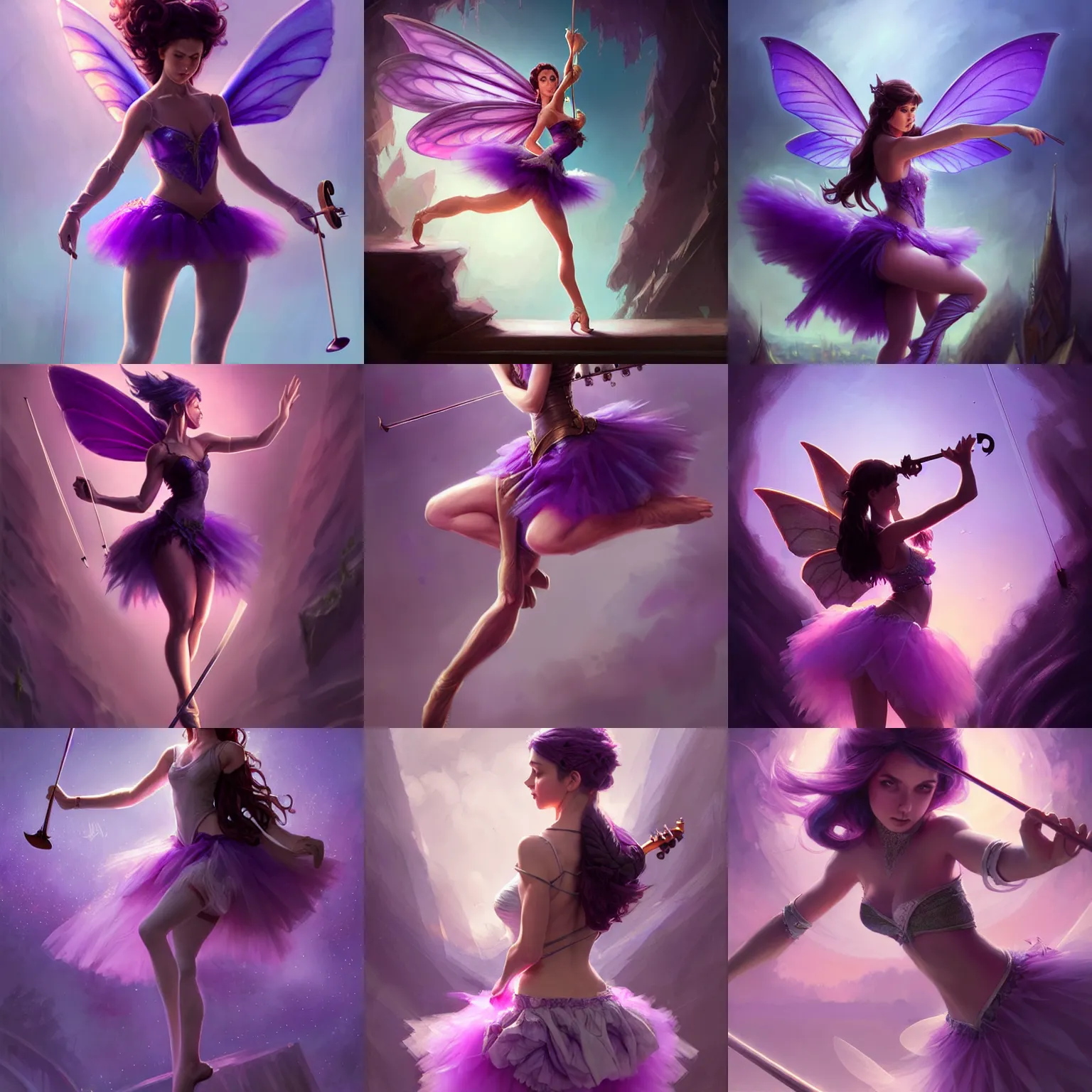 Prompt: fantasy, standing on top of a violin, d & d, wearing purple romantic tutu, art by artgerm and greg rutkowski and magali villeneuve, illustration, brunette fairy woman stretching, highly detailed, trending on artstation, sharp focus, concept art, digital painting