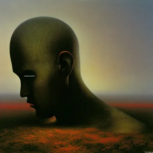 Prompt: the ego separates by zdzisław beksinski, oil on canvas, giant head statue ruins