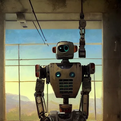 Image similar to a realistic painting of a humanoid robot ( chappie ) painting on a canvas in an abandoned building. by jordan grimmer tyler eldin ralph mcquarrie simon stalenhag. digital art, artstation, octane, uhd hdr