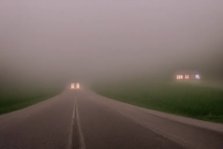 Image similar to looking down road, a lonely house, fog, mid night, dark, car lights