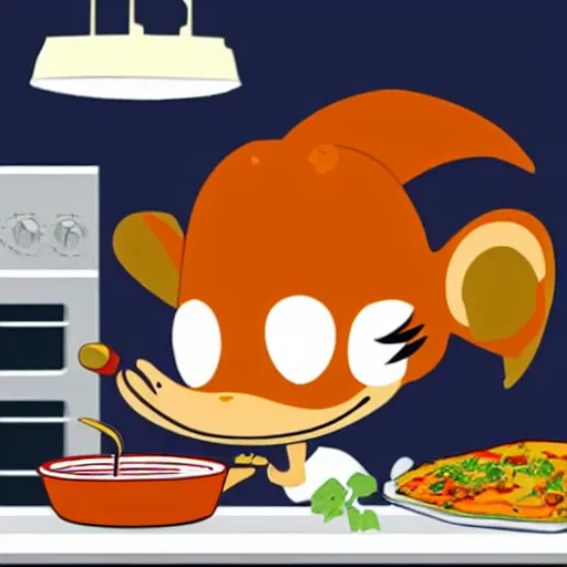 Image similar to anime cute platypus on a kitchen wearing a chef hat and holding a lasagna into an oven, anime style, chibi style, kawaii