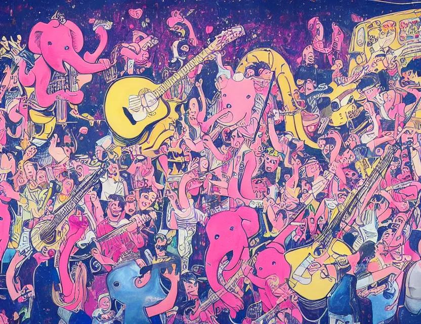 Image similar to a detailed painting of a concert by bananas with guitars while the pink elephants are stage diving in the sky in the style of artist James Jean