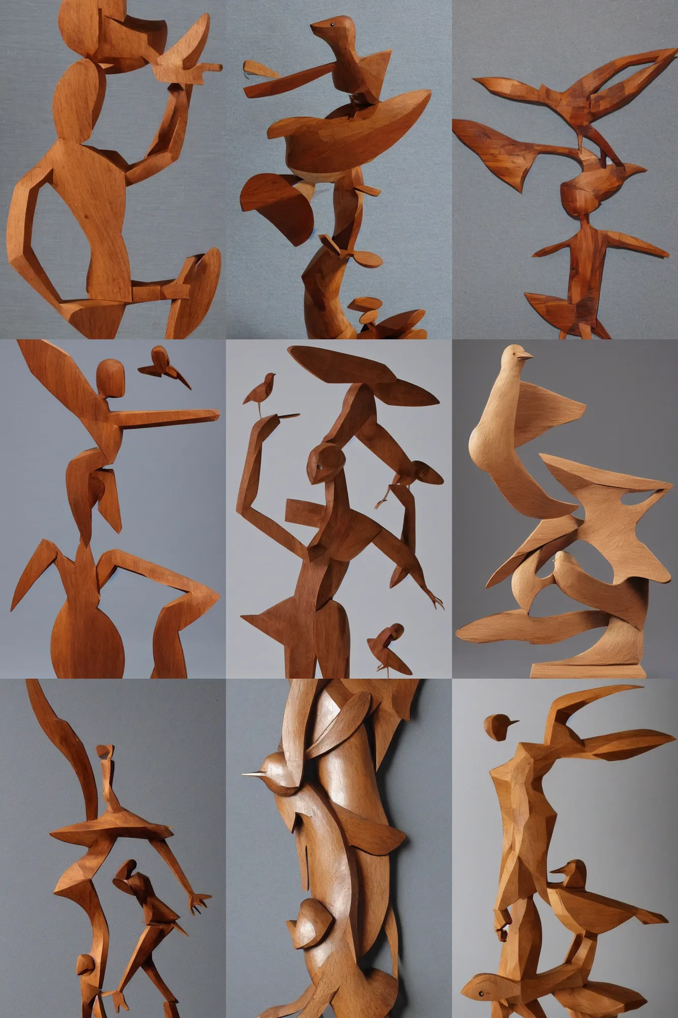 Prompt: wooden craft. contemporary sculpture. female figure. flying birds. low details.