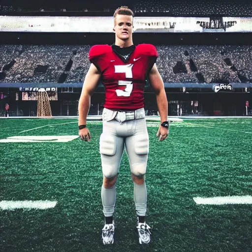 Image similar to “ a realistic detailed photo of a guy who is an attractive humanoid who is half robot and half humanoid, who is a male android, football player christian mccaffrey, shiny skin, posing like a statue, blank stare, on the field, on display ”