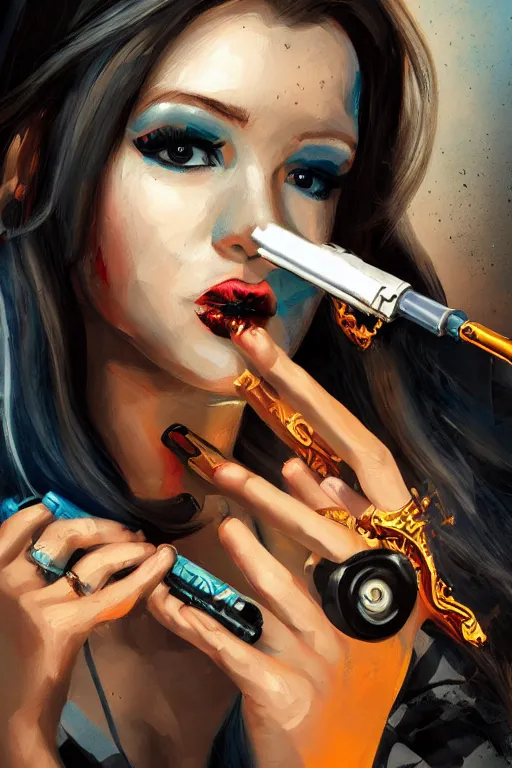 Image similar to painting of a gangster girl holding a gun and smoking, cute face, intricate, highly detailed, digital painting, official media, concept art, rich vivid colors, ambient lighting, sharp focus, illustration