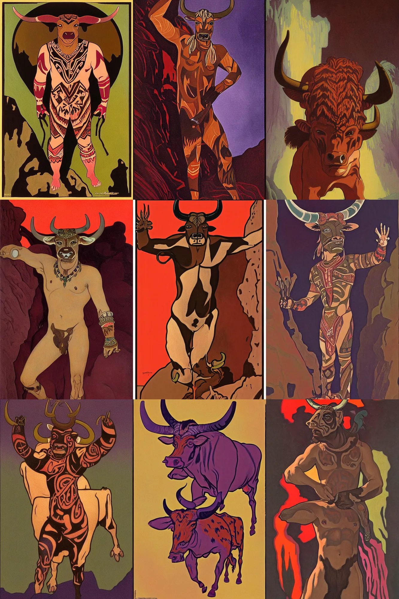 Prompt: a shaded painted full body illustration of a male minotaur with glowing tribal skin markings in a dark cave environment with a bovine head, painterly, detailed, art - deco, red and purple palette : : 0. 3 by ralph mcquarrie, romain de tirtoff erte, alphonse mucha, brush strokes, rule of thirds, beautiful