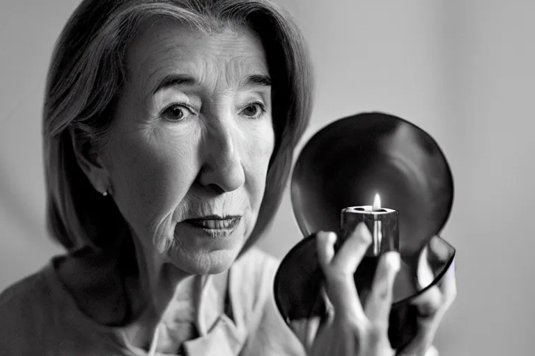 Image similar to a cinematic medium shot of lin shaye holding an oil lamp, realistic, cinematography, dutch angle, 5 0 mm, 3 point lighting, dark setting