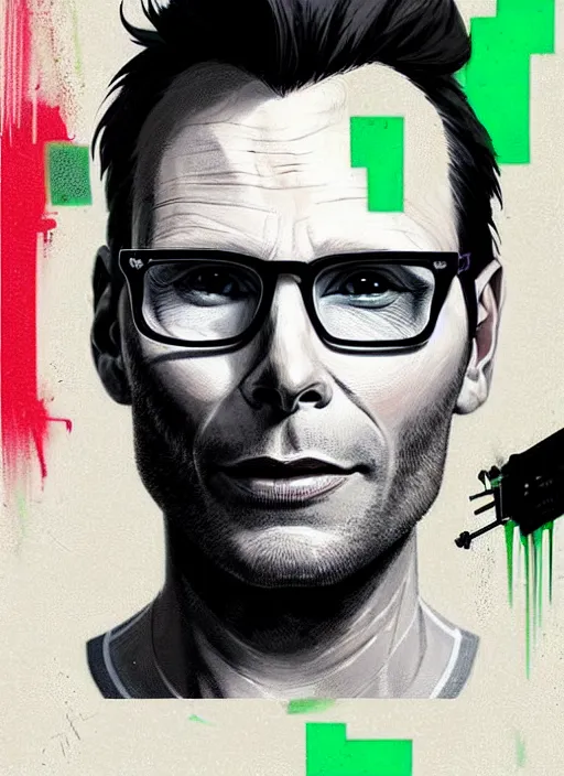 Prompt: highly detailed portrait of beautiful christian slater, stubble, old, as mr robot, grey hair, by atey ghailan, by greg rutkowski, by greg tocchini, by james gilleard, by joe fenton, by kaethe butcher, gradient green, black and white color scheme, grunge aesthetic!!! ( ( graffiti tag wall background ) )