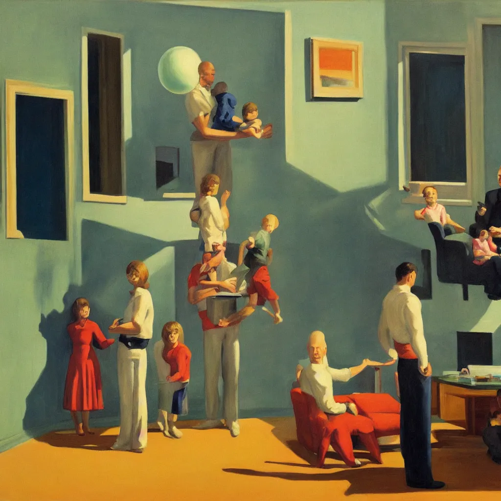 Image similar to painting of a family building getting lectured by a very large alien in their suburban living room, energetic orbs in the air, in the style of edward hopper