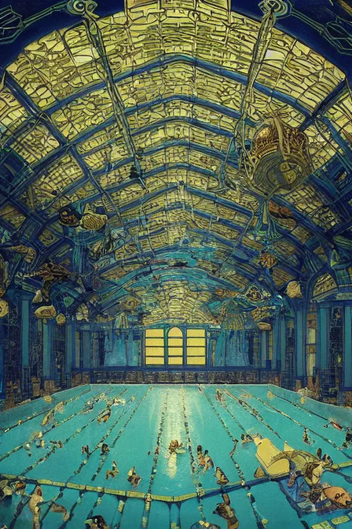 Prompt: renaissance painting of the interior of a science fiction art deco palace indoor pool on Cybertron. dark-blue, light-blue, dark-green, gold, silver, black. kintsugi, fractal, moody, intricate detail, hyperrealism, cinematic, volumetric dust lighting, epic. by Roger Deakins, Moebius, Alphonse Mucha, Wiktor Ohman