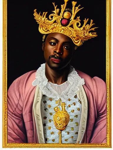 Prompt: rococo painting of a black prince wearing a golden crown with pastel flowers, symmetrical, realistic, 8 k, digital painting, art by kehinde wiley, artem demura