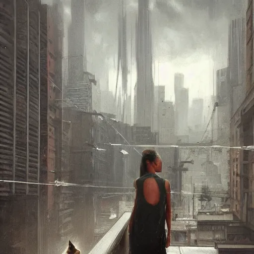 Image similar to girl and cat on a roof, moment, cyberpunk elevated train, electronic billboards, tech noir, wet reflections, atmospheric, ambient, livia prima, greg rutkowski, edward hopper, pj crook