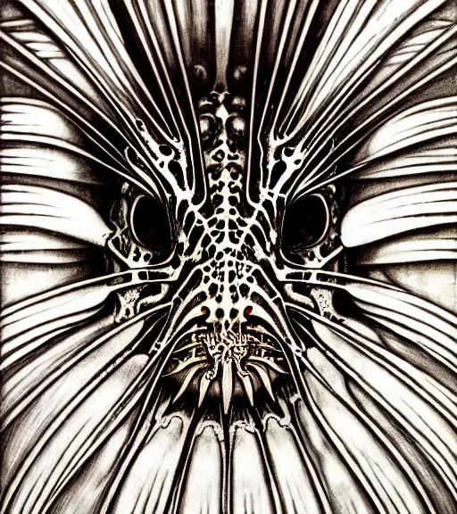 Image similar to detailed realistic beautiful lionfish goddess face portrait by jean delville, gustave dore, iris van herpen and marco mazzoni, art forms of nature by ernst haeckel, art nouveau, symbolist, visionary, gothic, neo - gothic, pre - raphaelite, fractal lace, intricate alien botanicals, ai biodiversity, surreality, hyperdetailed ultrasharp octane render