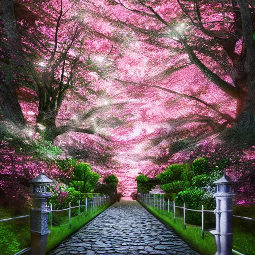 Image similar to photorealistic beautiful cherry blossom forest with victorian lanterns lining the stone pathway. hyperdetailed photorealism, 1 0 8 megapixels, amazing depth, glowing rich colors, powerful imagery, psychedelic overtones, 3 d finalrender, 3 d shading, cinematic lighting, artstation concept art